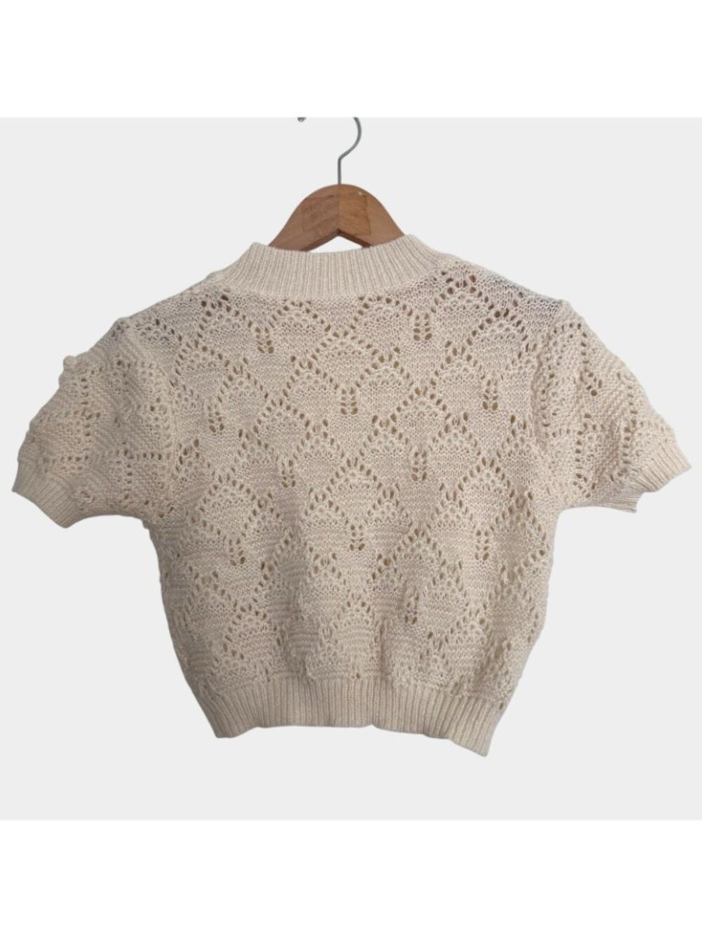 Women Crop Top Knit 3D Lace Flower Pearl Appliques Ivory SZ PS Crew Neck Stretch - Picture 4 of 11